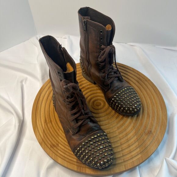 Steve Madden Leather Brown Gold Spike Studded Tarnney Combat Boots Size 7 M - Picture 9 of 10
